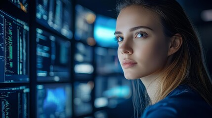 Fototapeta premium Cybersecurity concept of Close-up Shot of Female IT Engineer Working in Monitoring Room. She Works with Multiple Displays. , copy space for text,