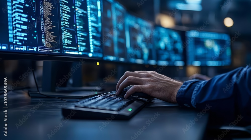 Poster cybersecurity concept of close up of a professional office specialist working on desktop computer in