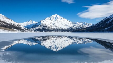 Obraz premium Snow-covered mountains reflecting in a frozen lake, capturing winter beauty
