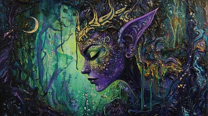A captivating portrait of a mythical figure, characterized by elongated ears and intricate facial features. The figure, prominently in shades of purple, has an ethereal quality, enhanced by a backdrop