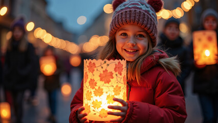 Joyful Preschooler with Homemade Lantern for St. Martin's Day: Capturing Childhood Wonder in German...