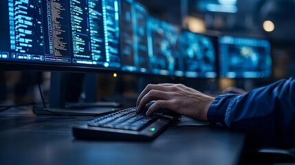 Cybersecurity concept of  Close Up of a Professional Office Specialist Working on Desktop Computer in Modern Technological Monitoring Control Room with Digital Screens