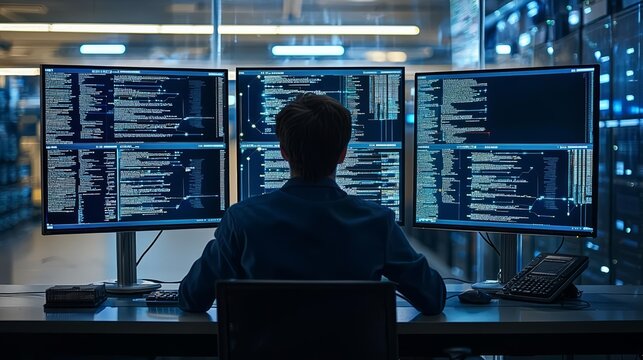 Cybersecurity concept of  Professional IT Programer Working in Data Center on Desktop Computer with Three Displays, Doing Development of Software and Hardware
