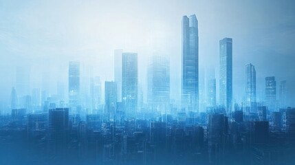 Futuristic blue cityscape with digital skyscrapers.