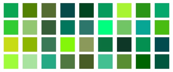 Green color palette, a collection of vector color palettes. Fashion concept, brand layout. A guide to tone and color. Various color solutions.