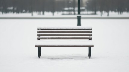 Snow-covered park bench with a peaceful snowy backdrop, serene chill