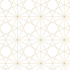 Obraz premium Abstract geometric pattern with crosses, stripes, lines. Seamless vector background. White and gold ornament. Modern reticulated graphic design.