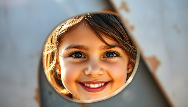 portrait happy candid eight year old caucasian kid girl brown eyes peeking through of abstract metal shapes in nature. prepubertal age of children and lives, mind psychology and mental health. flare