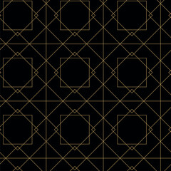 Fototapeta premium Abstract geometric pattern with crosses, stripes, lines. Seamless vector background. Black and gold ornament. Modern reticulated graphic design.