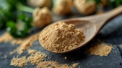 Spoonful of Maca Powder on Wooden Spoon