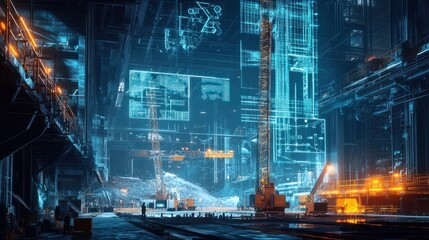 Futuristic digital construction site with cranes and holographic energy data visualization