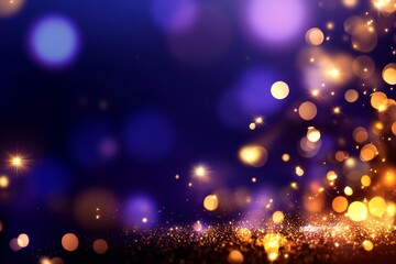 Golden glitter creating festive bokeh effect on blue background