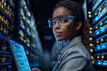 Cybersecurity concept of  Laptop, network and data center with a black woman it support engineer working in a dark server room