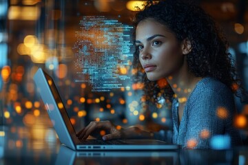 Cybersecurity concept of  Laptop, code hologram and woman thinking of data analytics, information technology or software overlay at night