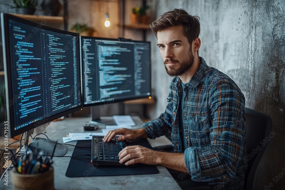 Poster cybersecurity concept of top above high angle view portrait of his he nice attractive focused skille