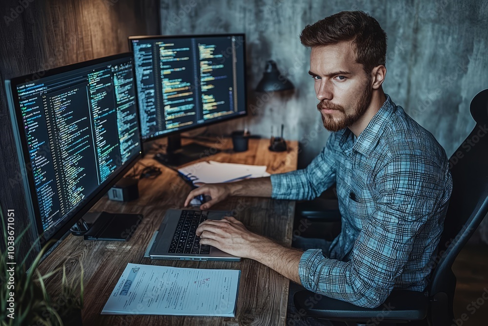 Poster cybersecurity concept of top above high angle view portrait of his he nice attractive focused skille