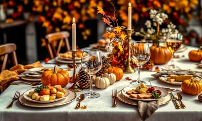 A Beautifully Arranged Autumn Dinner Table With Seasonal Decorations and Delicious Food Spread