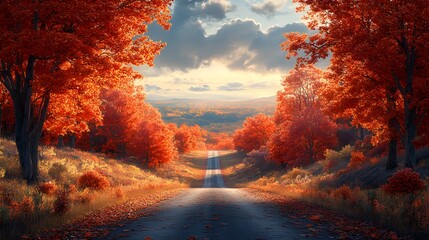 Fototapeta premium Autumnal Road Through a Canopy of Red