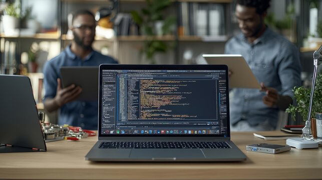 Cybersecurity concept of  Two programers holding laptop with coding interface walking towards desk and sitting down talking about online cloud computing