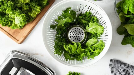 Fresh Green Lettuce in a Colander on a Wooden Cutting Board