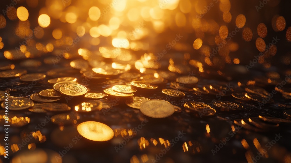 Poster golden coins scattered with a warm backlight. generative ai image