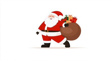 A chubby Santa Claus merrily strides, his iconic red suit contrasting the festive, snow-filled bag brimming with Christmas gifts. capturing the timeless spirit of giving and festive cheer.