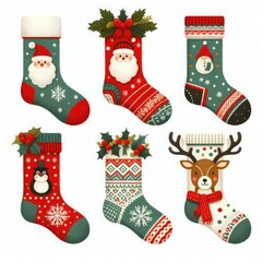 Set of festive Christmas socks, arranged neatly and isolated on a clean white background. The colors are vibrant, showcasing holiday patterns like snowflakes and reindeer