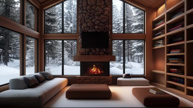 modern living room with fireplace, beautiful snowy forest view, 4K UHD nature wallpaper, endless looped background animation