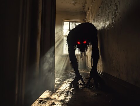 A menacing creature lurks in a dimly lit hallway, with glowing red eyes and dark, eerie shadows enhancing the suspenseful atmosphere.