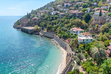 Beautiful view of the bay and the old docks in Alanya on a clear sunny day