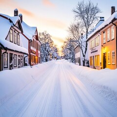 Snow-covered street in a quiet town at dusk, peaceful winter evening