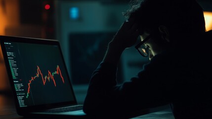 A man in a dark room, looking dejected at a laptop screen with a stock chart showing a steep decline. The red line on the chart represents a significant loss.