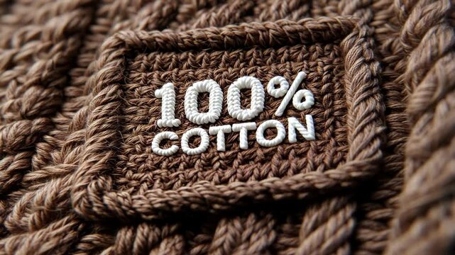 A brown knitted background embroidered with 100% COTTON in white knitting font.