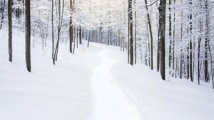 Fototapeta premium Snow-covered trail leading through a forest, quiet winter escape
