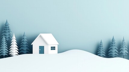 Fototapeta premium Snowcovered landscape with a cozy cabin, pine trees dusted in white, peaceful winter scene, flat design illustration