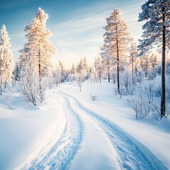 Fototapeta premium Snow-covered trail through a snowy forest, peaceful winter serenity