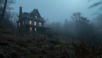 A mysterious house shrouded in fog, with glowing windows, set in a tranquil forest. Perfect for spooky or atmospheric themes.