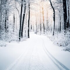 Obraz premium Snow-covered trail through a snowy forest, peaceful winter serenity