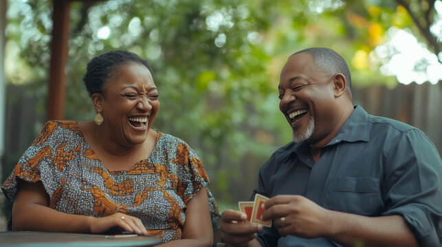 A happy middle aged Black or African American couple playing cards sitting outdoors on a patio, as they both laugh during the game