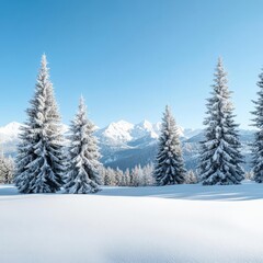 Obraz premium Snow-covered trees with distant mountains in the background, crisp winter chill