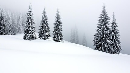 Obraz premium Snow-covered trees with fog rolling through, eerie winter landscape