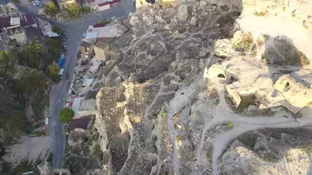 Drone video of Cavusin ancient city in Cappadocia Turkey