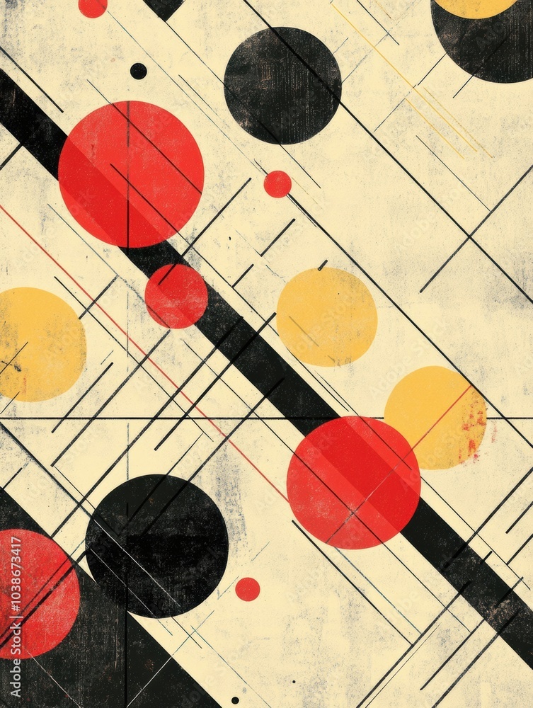 Aufkleber Large and small circles are dispersed along a diagonal line grid, creating a dynamic and modern abstract geometric composition. Generative AI