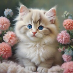 Cute kitten and flowers 
