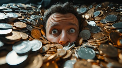 Man Struggling to Escape Quicksand with Coins Surrounding Him