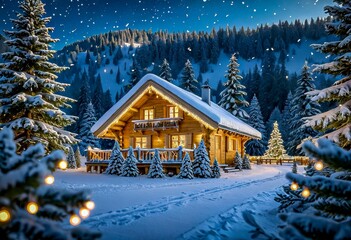 Fototapeta premium Snow-covered Wooden Cabin Surrounded by Evergreen Trees on a Winter's Night