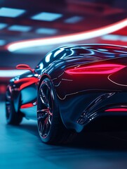 A sleek sports car showcased in a modern neon-lit environment, highlighting its glossy finish and advanced design features.