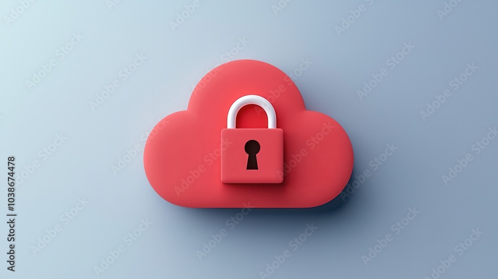 Poster a vibrant red cloud with a padlock symbolizing cloud security and data protection.