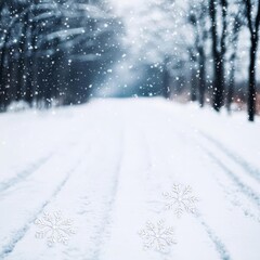 Fototapeta premium Snowflakes falling on a snow-covered path, creating a serene winter wonderland