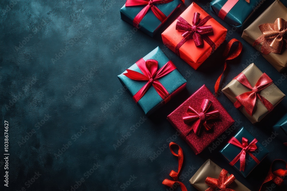 Poster saturated gift boxes in various colors with decorative bows are beautifully arranged on a dark backg